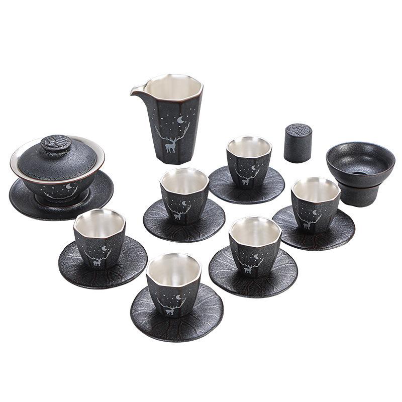999Pure Silver Tea Set Ceramic Kung Fu Tea Set Tasting Cup Handmade Silver-Plated Tea Bowl Live Streaming Gift