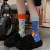 1 Paar Winter-Cartoon-Socken, asymmetrischer Tierdruck, gestapelte Socken, Wadensocken in Mittelrohrform, Sport-Homewear-Socken, dehnbare Schuhe zum Gehen und Joggen
