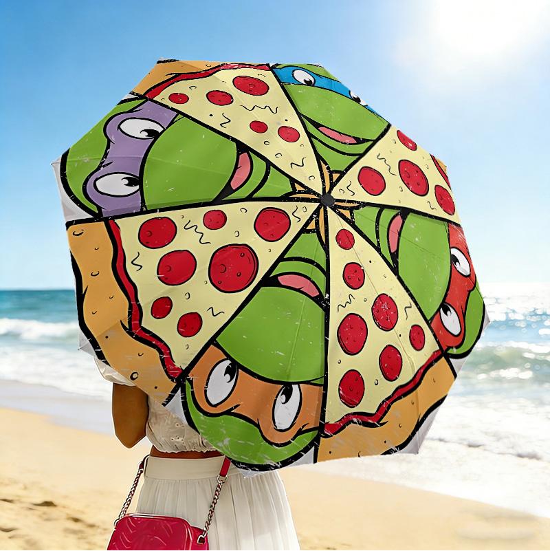 Pizza Party 8 Ribs 3Fold Black Glue Uv Protection Umbrella Sun Protection Rainproof Compact Folding Umbrella For Travel Daily Use C923562