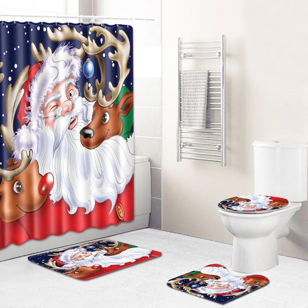 Christmas Home Shower Curtain Polyester Cloth Four-Piece Toilet Floor Mat Bathroom Non-Slip Door Mat Bedroom Carpet