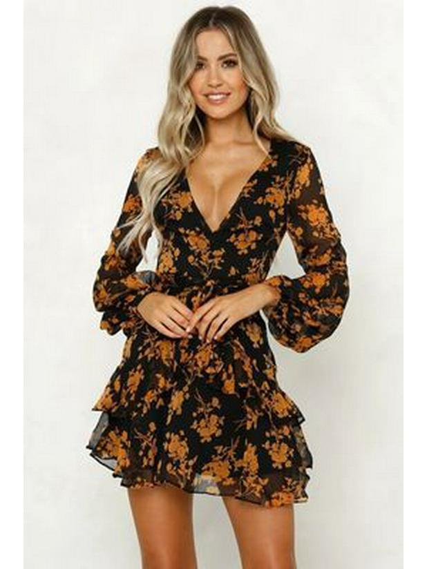 European & American Women's Long-Sleeve V-Neck Strappy Floral Dress