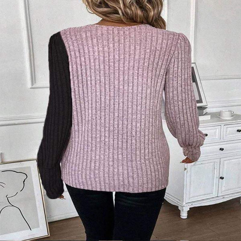 Moda Pullover a Maniche Lunghe Maglione Lavorato a Maglia da Donna Girocollo Abbinamento Colori Primavera Autunno Bottoni T-shirt Ampia Elegante Slim Casual Semplice Top