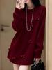 Women's Red Bow Knit Dress - Autumn/Winter Outerwear, Loose Fit, Mid-Length, Lazy Style Base Layer, Knitted Short Skirt