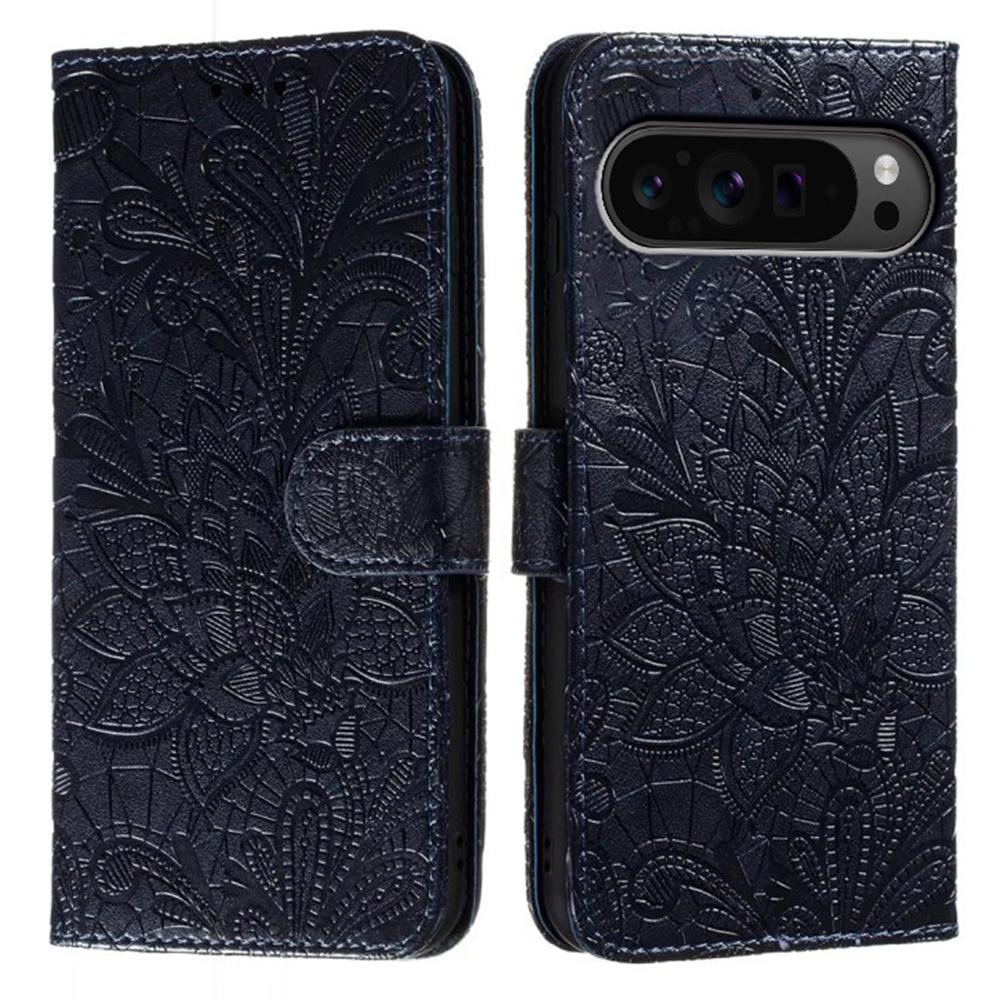 

For Google Pixel 9 Pro XL Case Lace Flowers PU Leather Flip Wallet Phone Cover Black