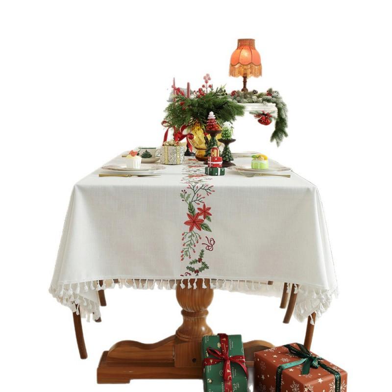 Embroidered Christmas Tablecloth Rectangle Floral Table Cover With Tassels Dining