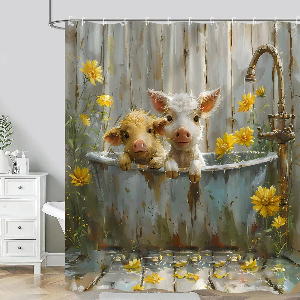 Farm Animals Shower Curtain Funny Pig Sheep Donkey Shower Cartoon Rustic Barn Polyester Fabric Bathroom Decor Curtain Washable