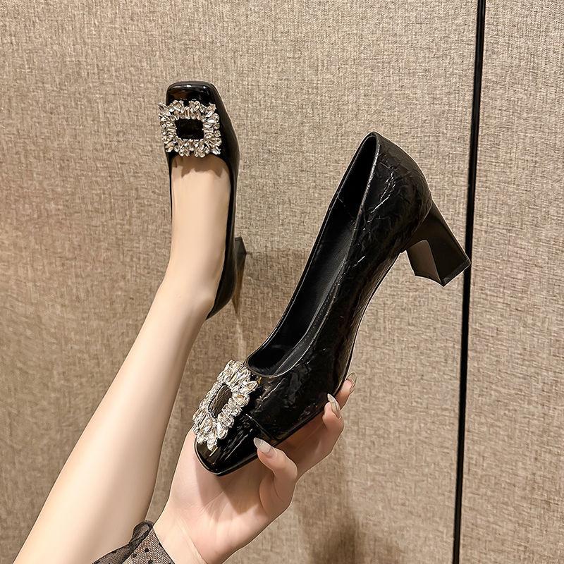 Trendy brand French thick heel silver high heels 2025 new retro square head light mouth rhinestone middle heel professional single shoes