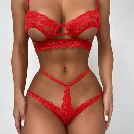 Sexy Lace Lingerie Set Plus Size Sleepwear with Steel Ring Garter Bowknot Thong Lenceria Nightwear