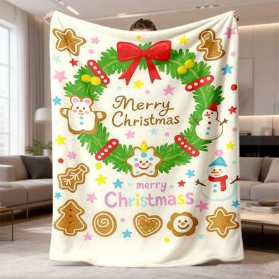 2026 Latest Flannel Blanket Wreath Decor and Gingerbread for Man Cookie Holiday Illustration Flannel Blanket Soft & Cozy, Suitable for Sofa, Bedding, 