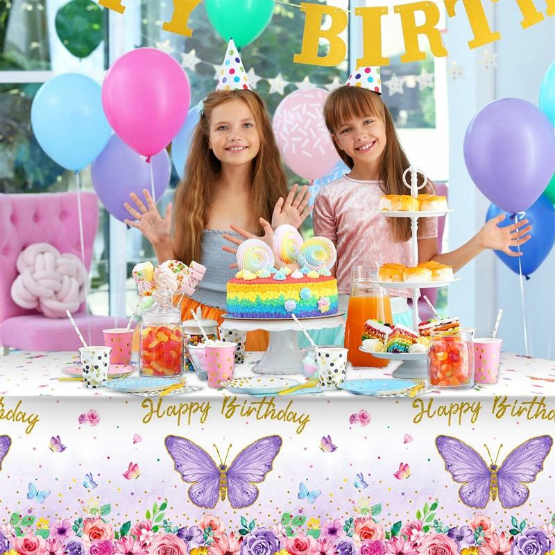 Pink Purple Butterfly Waterproof Tablecloth Spring Butterfly Theme Birthday Party Decoration Girl 1st Birthday Party Baby Shower