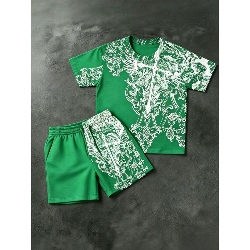 American Men's Summer Totem Cross Print Comfortable Breathable Round Neck T-Shirt Drawstring Shorts Set Outdoor Streetwear