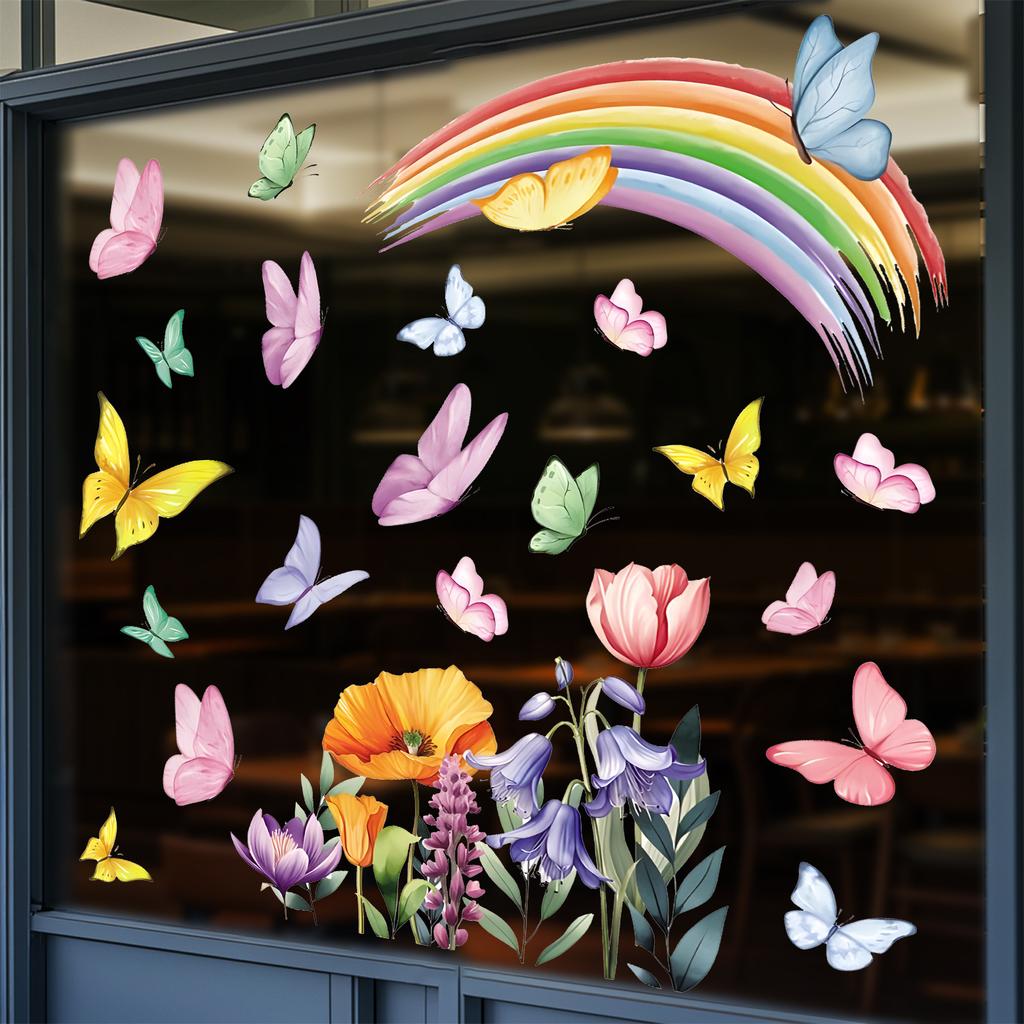 Static Cling Window Stickers Creative Rainbow Flowers and Butterflies for Kitchen Bedroom Living Room Bathroom Glass Decor