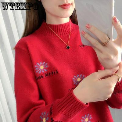 Suéter feminino de outono e inverno, meia gola alta, bordado, suéter de base de malha grossa, solto