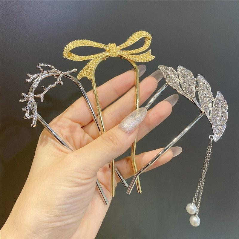 Elegant Women Bowknot U Shape Rhinestone Hairpins Metal Hair Sticks Hairclip Bridal Wedding Banquet Hair Accessories Headwear