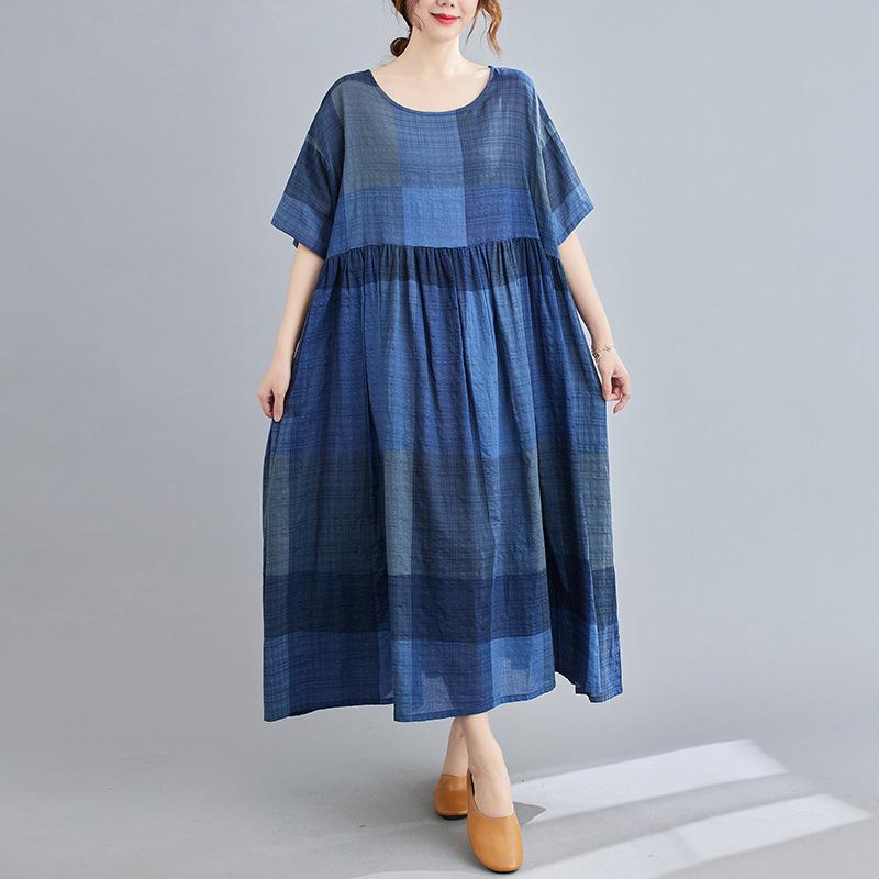 2023 Spring/Summer Plus Size Women's Cotton Linen Print Midi Dress - Short Sleeve