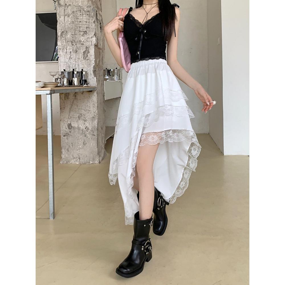 Chic Asymmetrical Long Skirt Women Spliced Lace High Waisted Folds A Line Skirts New Fashion Streetwear Women's Black Skirt