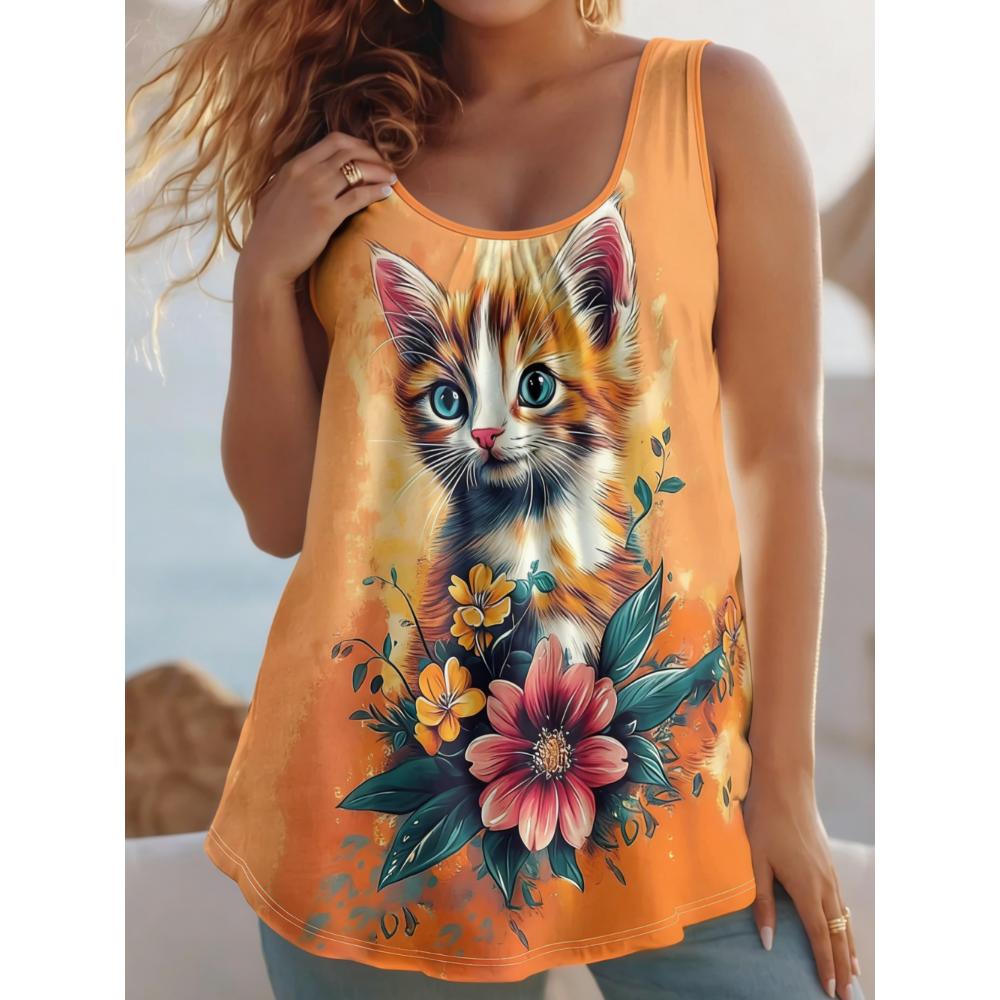 Summer Women's Large Size 3D Printing Flowers Animals Vest Loose Fashionable Comfortable Soft Breathable O Neck Sleeveless Vest