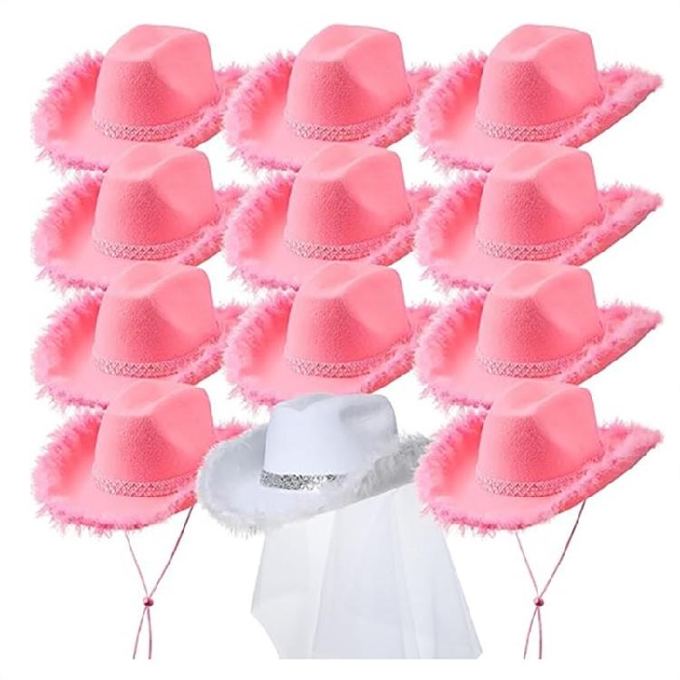 

Wedding Party Hat for Bridal Sequined Belt Furry Trim Cowgirl Hat for Bride Bridesmaids Fashion Music Festival Hat 12Pcs 1 рожевий