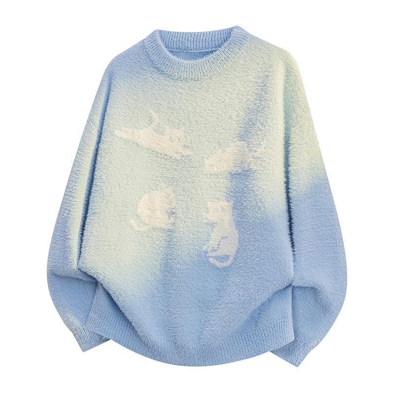 Pullovers Long Sleeves Sweaters Unisex Sweater Spring Autumn Kitten Tie-dyed Retro Couples Paragraph Knitted Bottoming Jumper Round Neck Wool Jumper