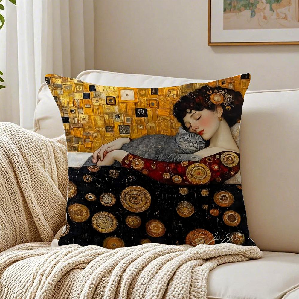 Art Luxurious Gustav Klimt Oil Painting Cushion Cover Linen Pillowcase Soft For Sofa Bed Home Room Decor