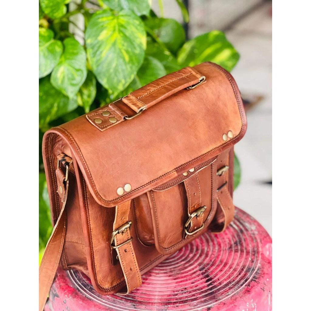 Men's Real Goat Leather Vintage Brown Messenger Laptop Briefcase & Shoulder Bag