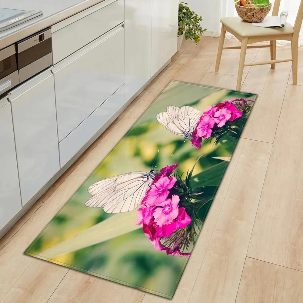 Butterfly Flower Pattern Home Kitchen Floor Mat Door Front Decoration Floor Mat