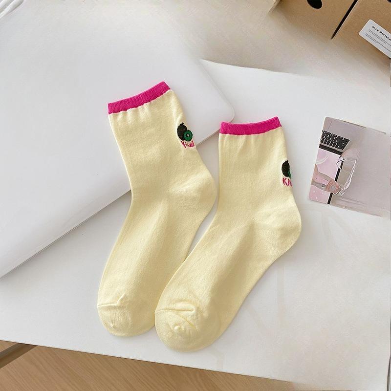 Fruit Embroidery Socks, Women's Mid-calf Socks, Trendy Pure Cotton Japanese-style Cute Sports Student Dopamine Summer Long Socks