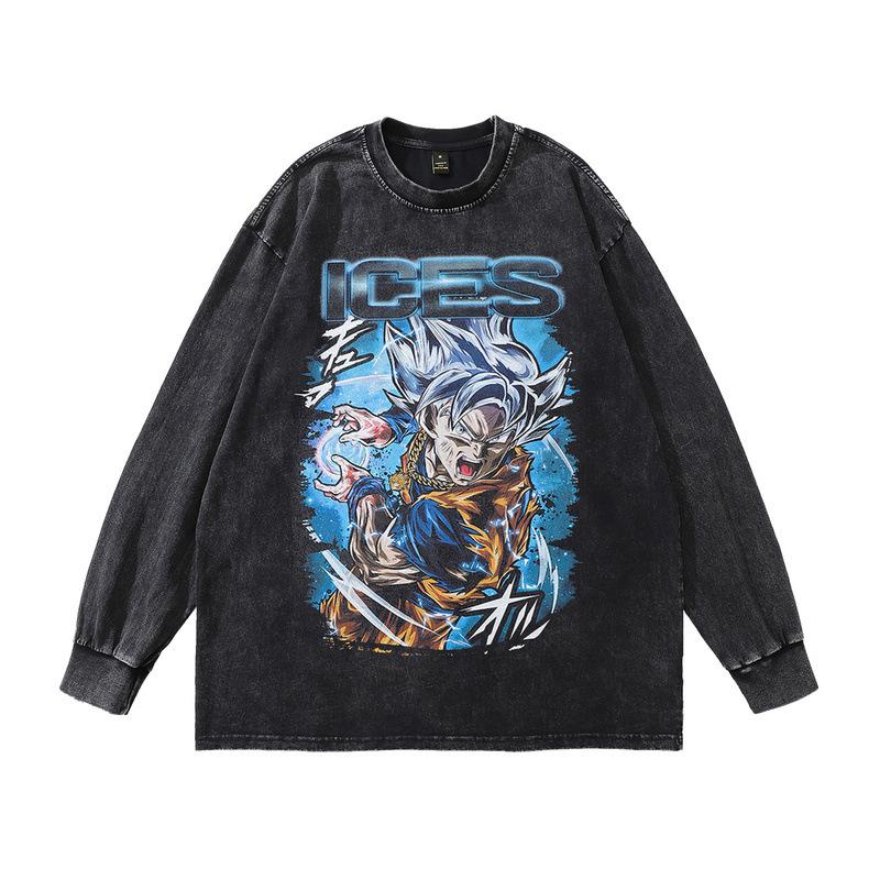 Heavy Cotton Men'S Top American Street Tide Cartoon Printing Washed Long-Sleeved T-Shirt Men And Women