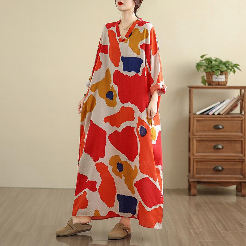 Dimanaf 2025 Women Plus Size Spring Long Dress Loose V-Neck Printing Vintage Casual Floral Oversize Long Sleeve 5036