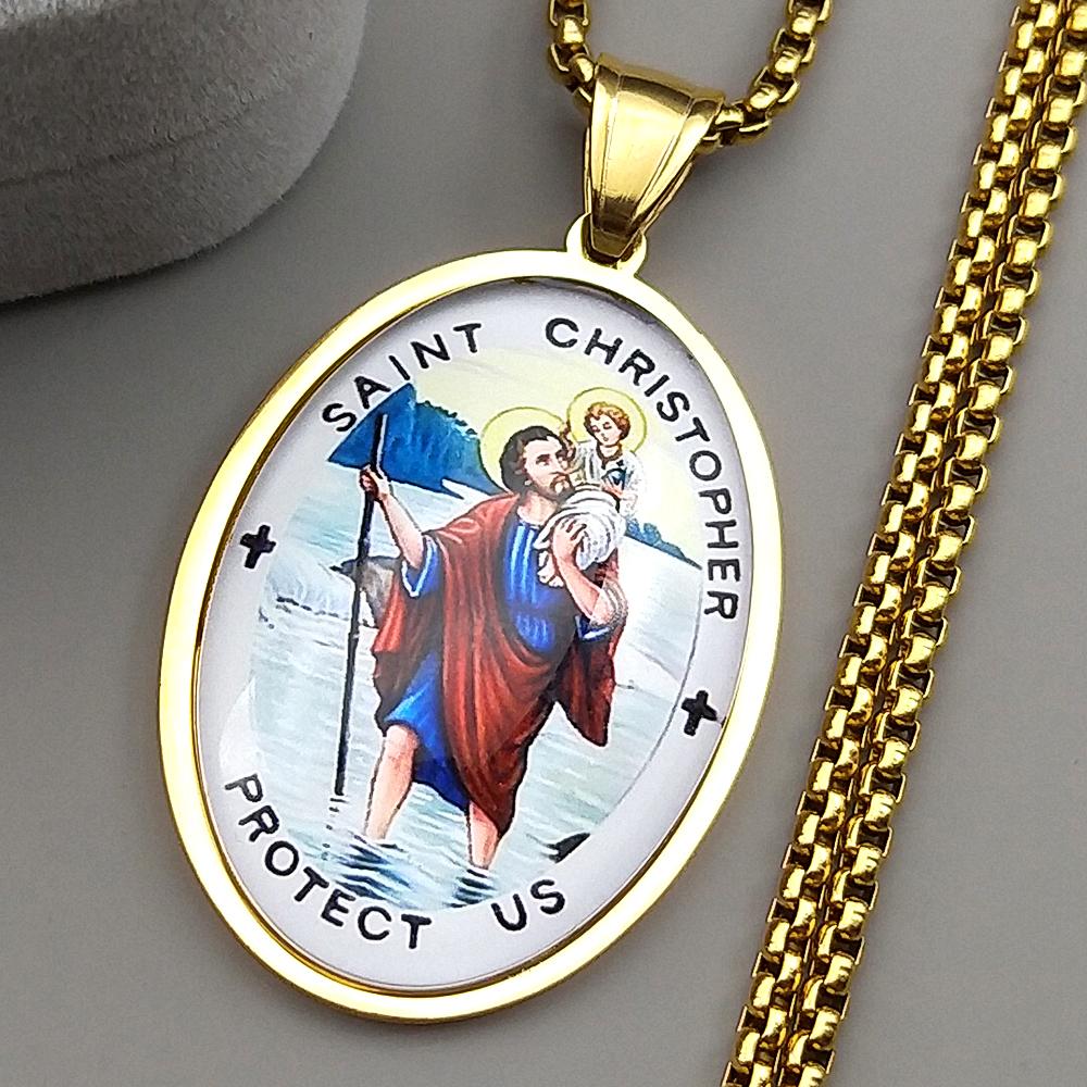 Saint Christopher Protect Us Glass Medal Pendant Necklace for Women Men Stainless Steel Gold Color Catholic Traveler Jewelry