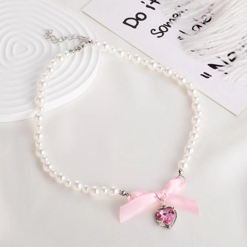 Romantic Pink Love Bow Pearl Necklace Female Niche Design Sense Sweet Pure Desire Neck Chain Collarbone Chain