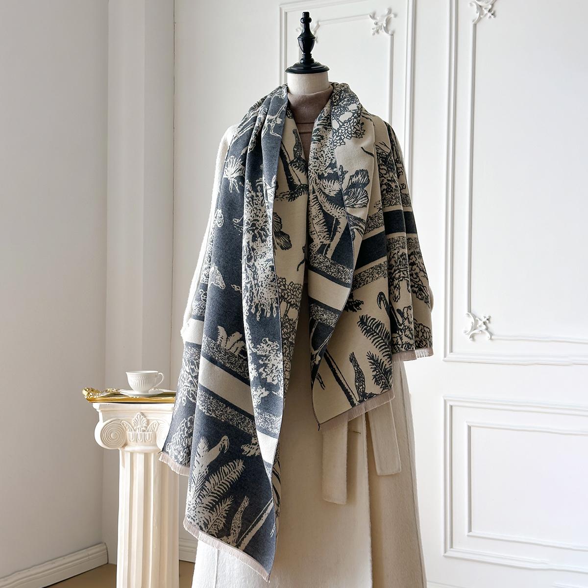 Элегантный женский двухсторонний шарф с принтом - Мягкий теплый пашминовый платок с бахромой, Осенне-зимний уличный ветрозащитный