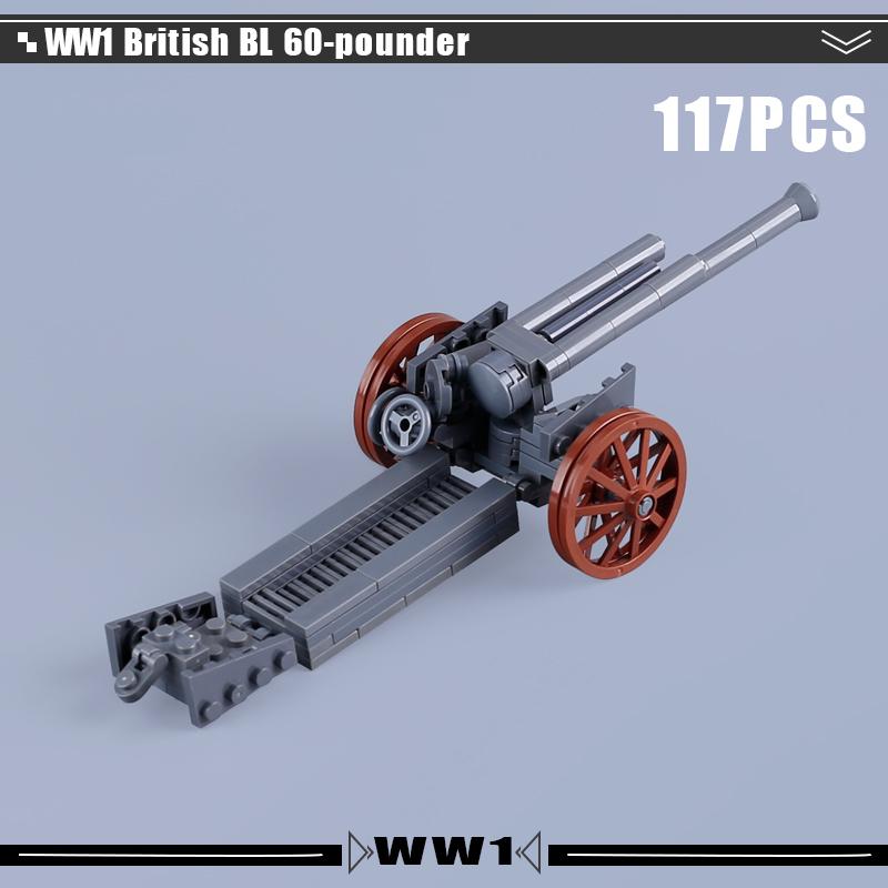 WW1 Military Series Vehicles Building Blocks Artillery Howitzer Soldier Figures Accessories British Italian Field Gun Bricks Toy