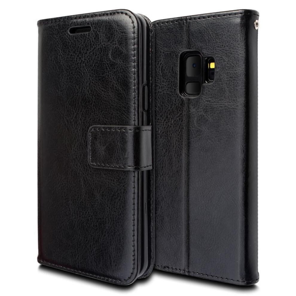 Galaxy S9 Case - Leather Wallet Flip Protective Case Cover with Card Slots, Kickstand and Wrist Strap - Black PU Leather Compatible