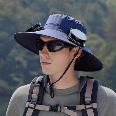 Wide Brim Solar Fan Hat for Men Women UV Protection Outdoor Bucket Hat with 2 Built-in Fans for Hiking Camping Fishing