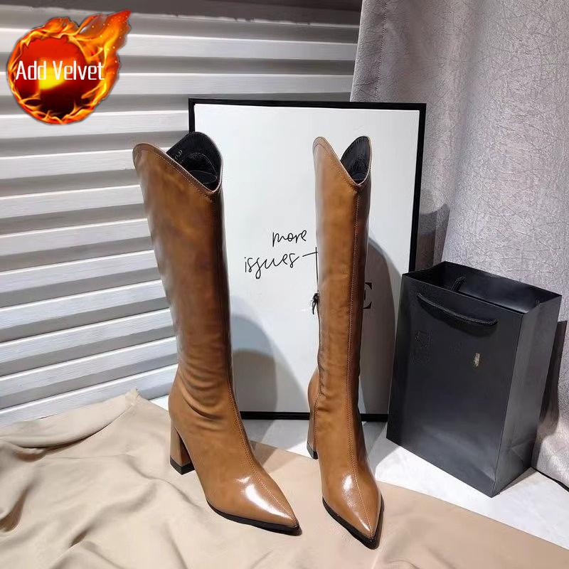 Fashion Pointed Toe Leather Elegant Heeled Ladies Knee High Shaft Shoes Autumn Winter Fleece-Lined Chic New in Pu Hot Women's Long Boots