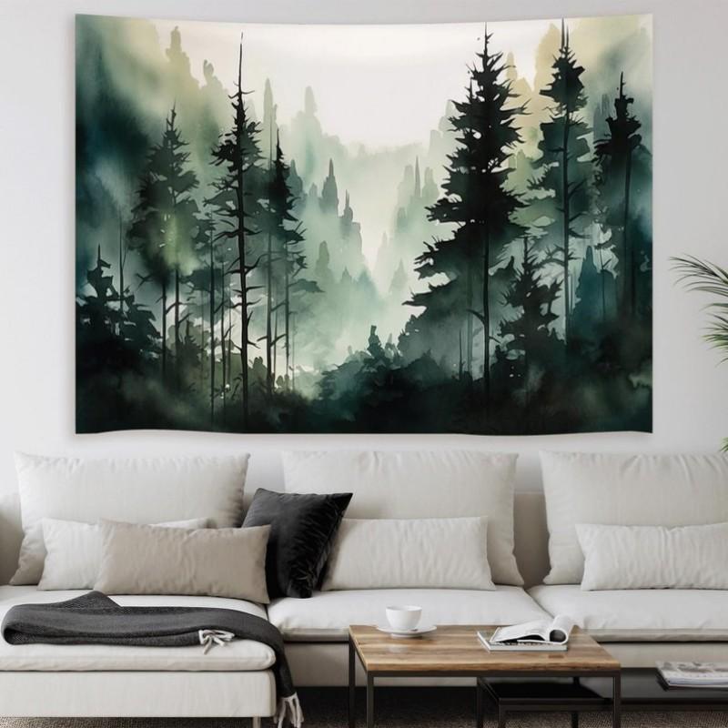 Watercolor Misty Forest Tapestry Polyester Wall Hanging Aesthetic Nature Tapestry for Bedroom Room Decoration