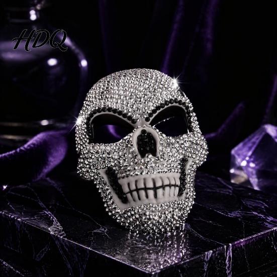 Cosplay Costume Props Full Rhinestone Halloween Mask Sparkling Skull And Cat Face Half Mask Adjustable Elastic Straps for Carnival Theme Dances Shiny
