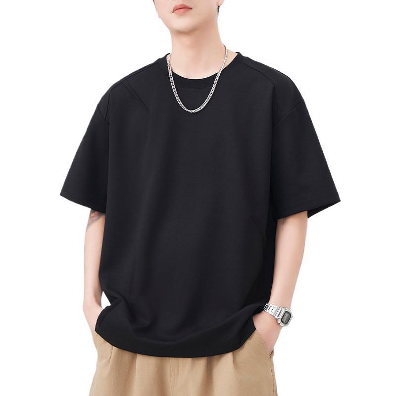 New Summer Short-sleeved T-shirt for Men's Pleated Round Neck Loose Five-point Sleeve T-shirt Japanese Retro