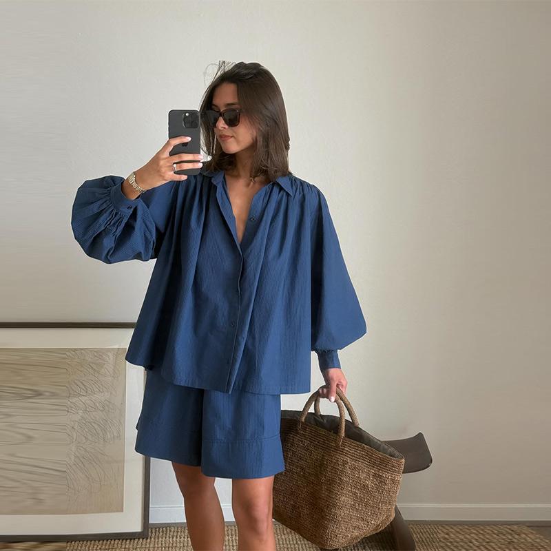 Women's Long Sleeved Shirt Shorts Set Summer New Style Casual Loose Fit Solid Color Versatile Daily Commuting Style Women's Loose Clothing Set