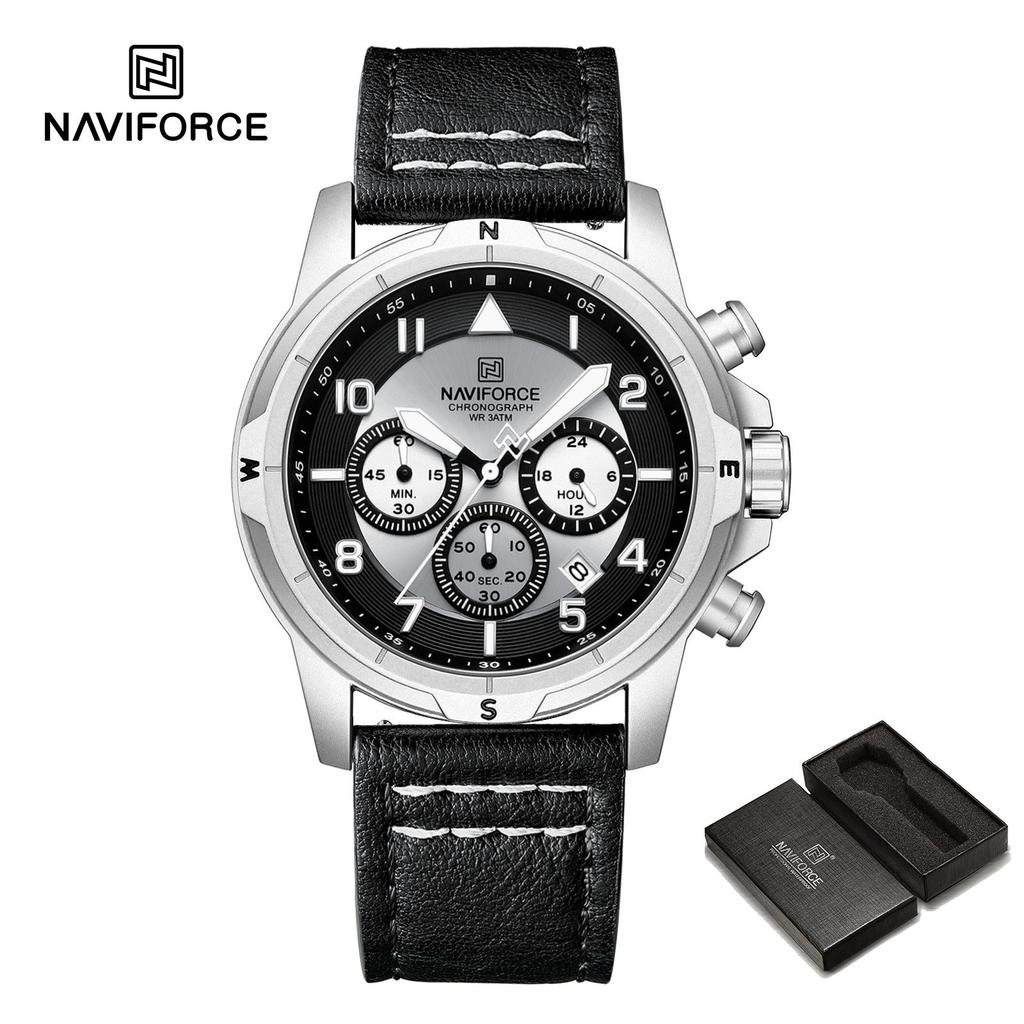 NAVIFORCE Original Men Quartz Watch Chronograph Mini Dial Calendar Date Leather Strap Luminous Hands 30m Waterproof Men Watch Gift NF8077