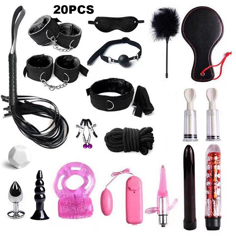 Fetish BDSM Kit Set Sex Toy Handcuffs for Woman Adult Supplies Handcuffs Whip Anal Plug Vibrator Bondage Rope Sexual Sexy Game
