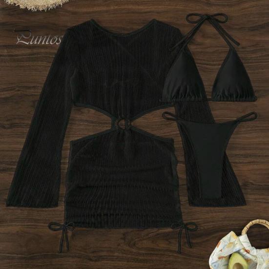 3Pcs/Set Women Bikini Set Halter Bra Lace-up Swimming Trunks Set with See-through Mesh Yarn Cover Up Dress