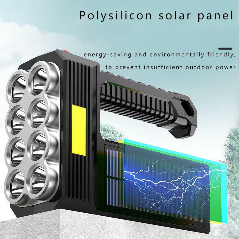 Torcia elettrica ricaricabile USB/solare a 8 LED Torcia tattica a batteria con faretto a lunga portata impermeabile multifunzione per esterni