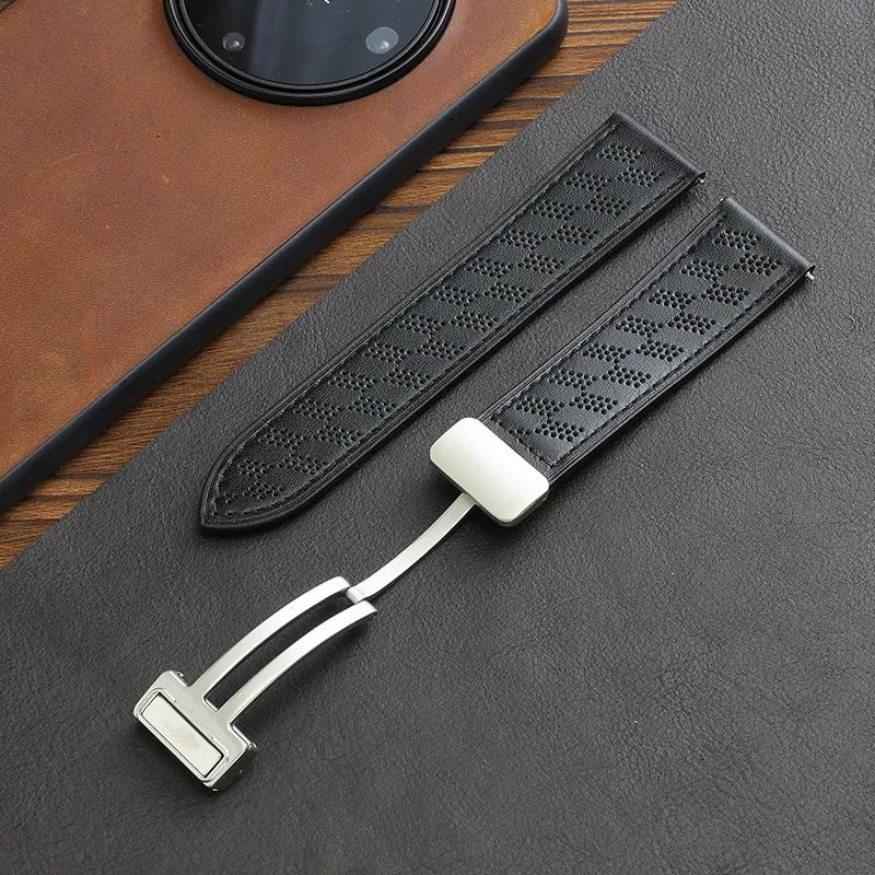 Breathable Microporous Full-leather Crazy Horse Pattern Magnetic Buckle Strap for HUAWEI GT3/4 Samsung WATCH Strap