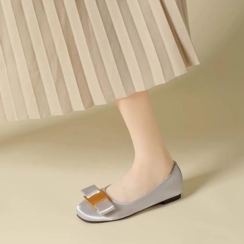 

Fashion 2025 Summer Hot Sale Women s Square Toe Flats Soft Sole Casual Shoes Metal Decoration Bow Tie Slip on With Daily Outdoor Flats 40 серебряный