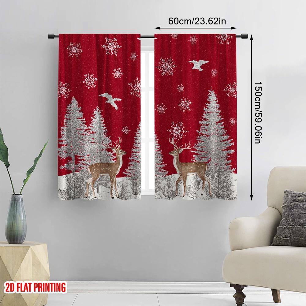 2pcs,2D Plane Printing Print Curtains Reindeer and Snow Durable 100% Polyester Fabric (without Rod) All Seasons Use for Bedroom,