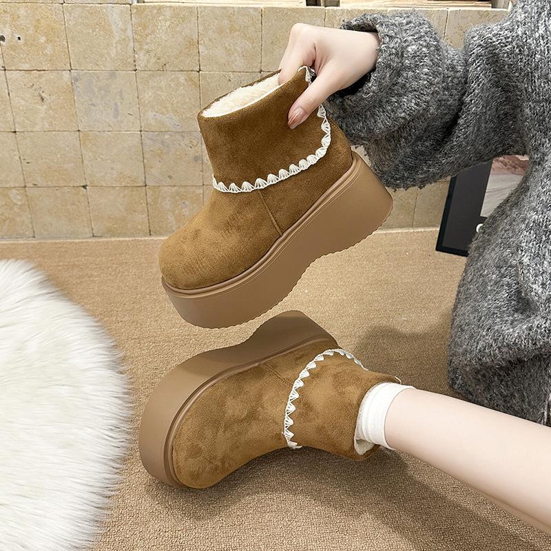 Women's fashion lightweight height-enhancing thick sole winter warm fur one snow boots plush lined non-slip casual sports cotton boots