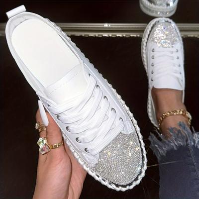 Comfortable White Rhinestone Platform Sneakers - Fashionable Plus Size Lace-up Flats - Versatile Casual Shoes for Women