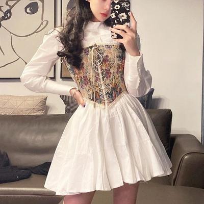 Lolita Dress+Corset Korean Vintage Kawali Dress Women Elegant Casual Summer Print Floral Mini Dress Female Pretty Party Bandage Holiday Dress